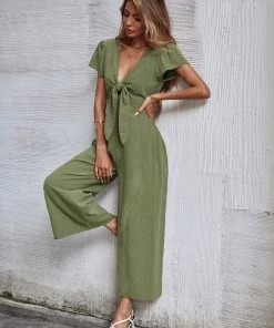 BFZY New In Clothing TOMMY BOW LINEN BLEND JUMPSUIT - ARMY GREEN