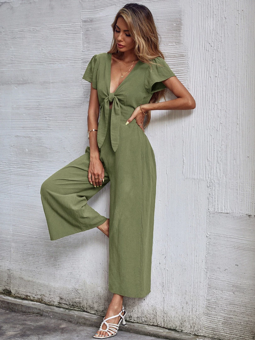 BFZY New In Clothing TOMMY BOW LINEN BLEND JUMPSUIT - ARMY GREEN 2 BFZY New In Clothing TOMMY BOW LINEN BLEND JUMPSUIT - ARMY GREEN