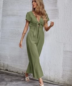 BFZY New In Clothing TOMMY BOW LINEN BLEND JUMPSUIT - ARMY GREEN 9 BFZY New In Clothing TOMMY BOW LINEN BLEND JUMPSUIT - ARMY GREEN