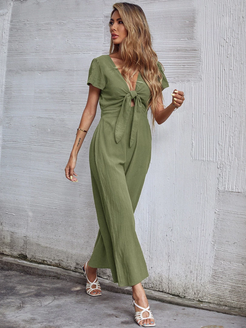BFZY New In Clothing TOMMY BOW LINEN BLEND JUMPSUIT - ARMY GREEN 3 BFZY New In Clothing TOMMY BOW LINEN BLEND JUMPSUIT - ARMY GREEN
