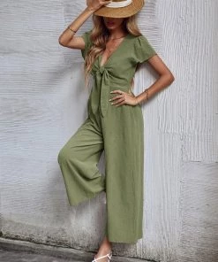 BFZY New In Clothing TOMMY BOW LINEN BLEND JUMPSUIT - ARMY GREEN 11 BFZY New In Clothing TOMMY BOW LINEN BLEND JUMPSUIT - ARMY GREEN