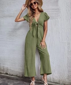 BFZY New In Clothing TOMMY BOW LINEN BLEND JUMPSUIT - ARMY GREEN 12 BFZY New In Clothing TOMMY BOW LINEN BLEND JUMPSUIT - ARMY GREEN