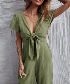 BFZY New In Clothing TOMMY BOW LINEN BLEND JUMPSUIT - ARMY GREEN 13 BFZY New In Clothing TOMMY BOW LINEN BLEND JUMPSUIT - ARMY GREEN