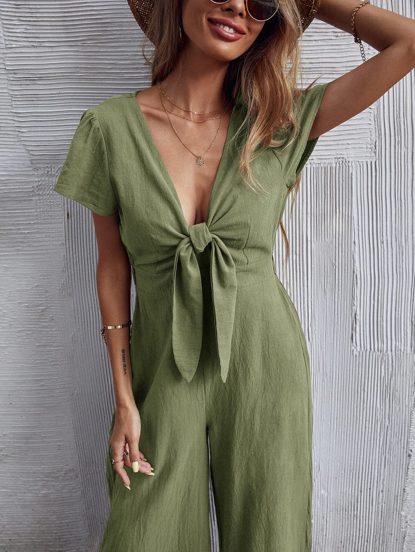 BFZY New In Clothing TOMMY BOW LINEN BLEND JUMPSUIT - ARMY GREEN 7 BFZY New In Clothing TOMMY BOW LINEN BLEND JUMPSUIT - ARMY GREEN