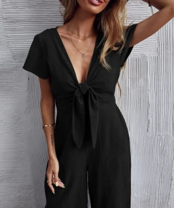 BFZY NEW ARRIVALS TOMMY BOW LINEN BLEND JUMPSUIT - BLACK
