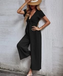 BFZY NEW ARRIVALS TOMMY BOW LINEN BLEND JUMPSUIT - BLACK