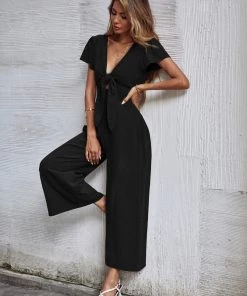 BFZY NEW ARRIVALS TOMMY BOW LINEN BLEND JUMPSUIT - BLACK