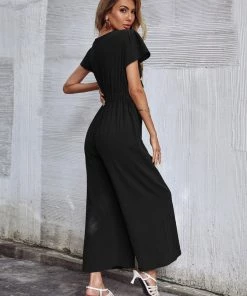 BFZY NEW ARRIVALS TOMMY BOW LINEN BLEND JUMPSUIT - BLACK