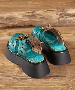 JF SOFFIA | GEOMETRY PERFORATED TEAL LEATHER MULE