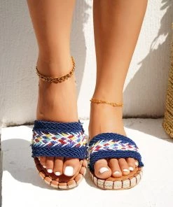 HT EN BLOOM | EMBROIDERED WOVEN SLIDES NAVY NEW ARRIVALS