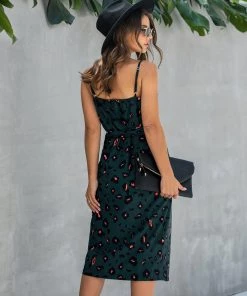 BBYS Leopard Tie-Waist Midi V-Neck Dress - Green