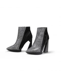 Jady Rose New In Shoes JadyRose | Black White Flakes Block Heel Zip Genuine Leather Boot