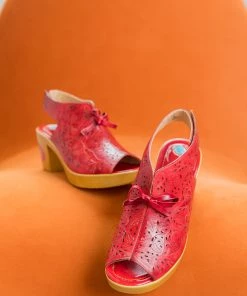NEW ARRIVALS SOFFIA | RED FLORAL PERFORATED GENUINE LEATHER SANDAL