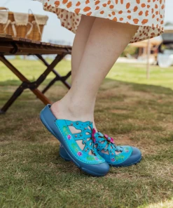 NEW ARRIVALS SOFFIA | Turquoise Floral-Applique Cutout Leather Sandal