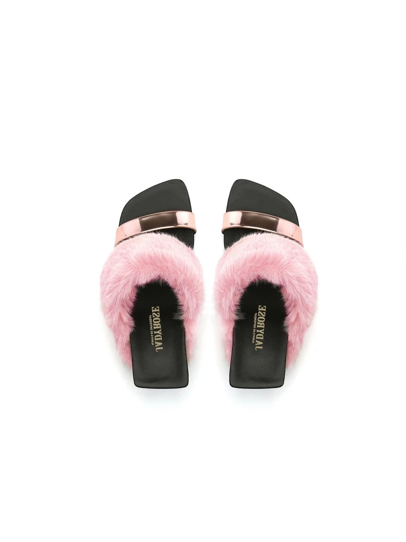 Jady Rose JadyRose | Faux Fur Strap Leather Wedge Sandal - Baby Pink 4 Jady Rose JadyRose | Faux Fur Strap Leather Wedge Sandal - Baby Pink