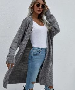 MY New In Clothing Smaibulun | Braid Open Knit Long Cardigan - Grey