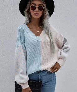 MY New In Clothing Smaibulun | Color-Block Lantern Sleeve Sweater - Blue & Beige Leopard