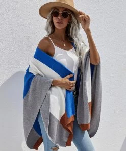 MY Smaibulun | Color Block Knit Ruana - Blue & Grey