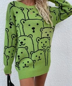MY Smaibulun | Green Smiley Polar Bear Knit Sweater Dress New In Clothing