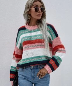 MY Smaibulun | Stripe Color-Block Knit Long-Sleeve Top - Pink New In Clothing