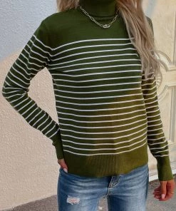 MY Smaibulun | Green Stripe Turtleneck Knit Top New In Clothing