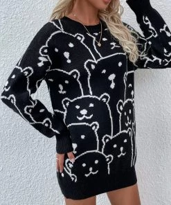 MY Smaibulun | Smiley Polar Bear Black Knit Sweater Dress