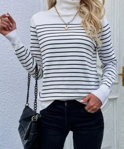 MY Smaibulun | Cream Stripe Turtleneck Knit Top New In Clothing