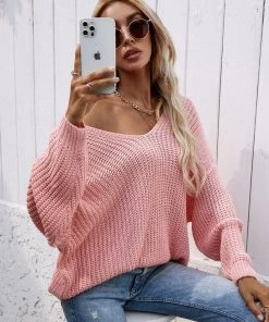 MY New In Clothing Smaibulun | Batwing Sleeve Low V-Neck Sweater - Pink