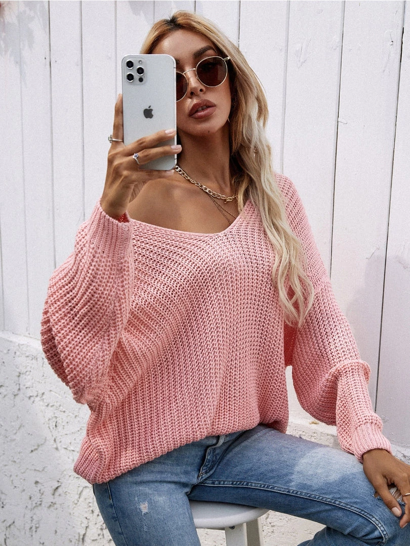 MY New In Clothing Smaibulun | Batwing Sleeve Low V-Neck Sweater - Pink 2 MY New In Clothing Smaibulun | Batwing Sleeve Low V-Neck Sweater - Pink