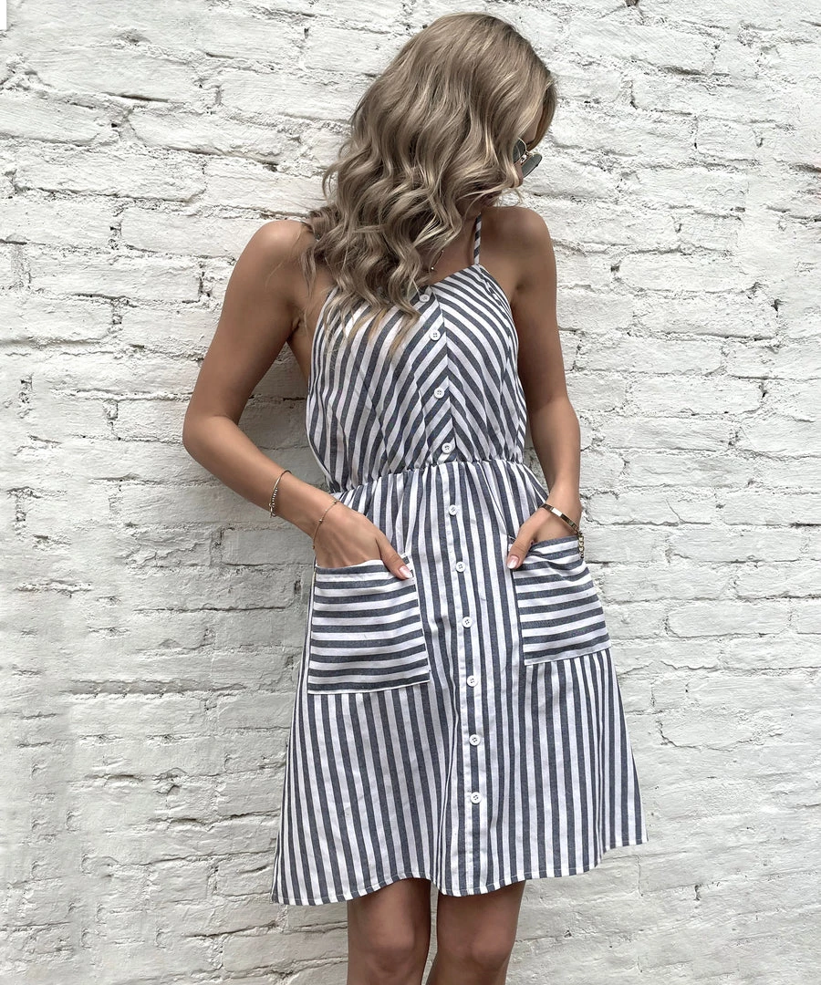 BFZY NEW ARRIVALS MADELYN LINEN DRESS - GRAY STRIPE 2 BFZY NEW ARRIVALS MADELYN LINEN DRESS - GRAY STRIPE