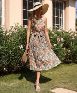 BFZY NEW ARRIVALS MARGOSHA HALTER DRESS - GREEN PRINT