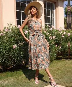 BFZY NEW ARRIVALS MARGOSHA HALTER DRESS - GREEN PRINT