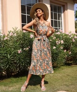 BFZY NEW ARRIVALS MARGOSHA HALTER DRESS - GREEN PRINT