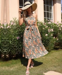 BFZY NEW ARRIVALS MARGOSHA HALTER DRESS - GREEN PRINT