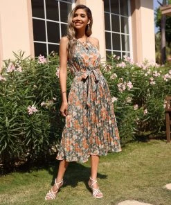 BFZY NEW ARRIVALS MARGOSHA HALTER DRESS - GREEN PRINT