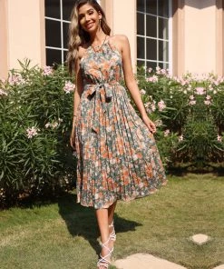 BFZY NEW ARRIVALS MARGOSHA HALTER DRESS - GREEN PRINT