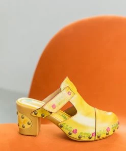 SOFFIA | FLORAL EMBOSSED YELLOW GENUINE LEATHER CLOG NEW ARRIVALS