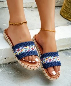 HT EN BLOOM | EMBROIDERED WOVEN SLIDES NAVY NEW ARRIVALS