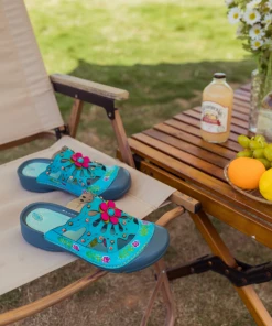 NEW ARRIVALS SOFFIA | Turquoise Floral-Applique Cutout Leather Sandal