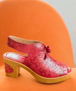 NEW ARRIVALS SOFFIA | RED FLORAL PERFORATED GENUINE LEATHER SANDAL