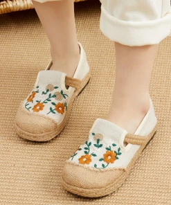 TC New In Shoes Cactus Rose | Blossom Embroidered Linen Round Toe Loafers Espadrilles- Women