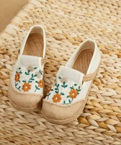 TC New In Shoes Cactus Rose | Blossom Embroidered Linen Round Toe Loafers Espadrilles- Women