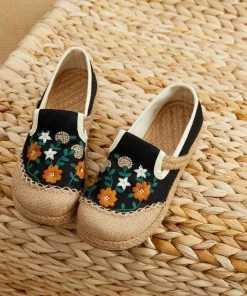 TC New In Shoes Cactus Rose | Blossom Embroidered Linen Round Toe Loafers Espadrilles- Women