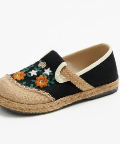 TC New In Shoes Cactus Rose | Blossom Embroidered Linen Round Toe Loafers Espadrilles- Women