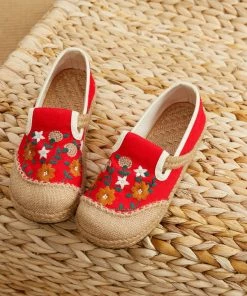 TC New In Shoes Cactus Rose | Blossom Embroidered Linen Round Toe Loafers Espadrilles- Women