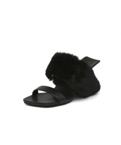 Jady Rose JadyRose | Faux Fur Strap Leather Wedge Sandal - Black New In Shoes