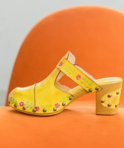 SOFFIA | FLORAL EMBOSSED YELLOW GENUINE LEATHER CLOG NEW ARRIVALS