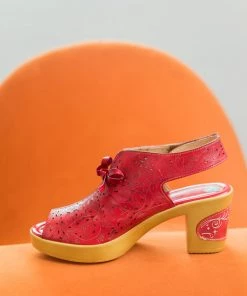 NEW ARRIVALS SOFFIA | RED FLORAL PERFORATED GENUINE LEATHER SANDAL