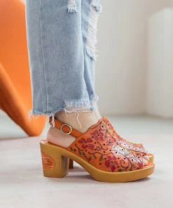 SOFFIA | ORANGE FLORAL EMBOSSED PERFORATED LEATHER SANDAL