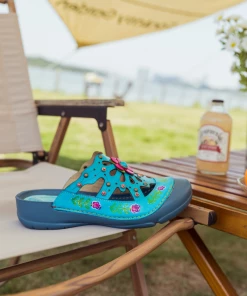 NEW ARRIVALS SOFFIA | Turquoise Floral-Applique Cutout Leather Sandal